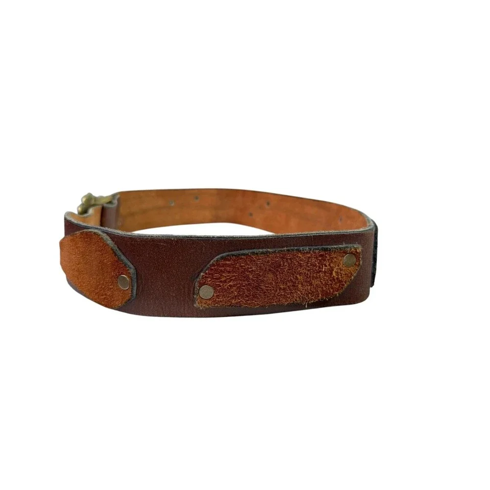 Vintage 70's Brown Leather & Suede Patchwork Belt w/ Floral Solid Brass Buckle L